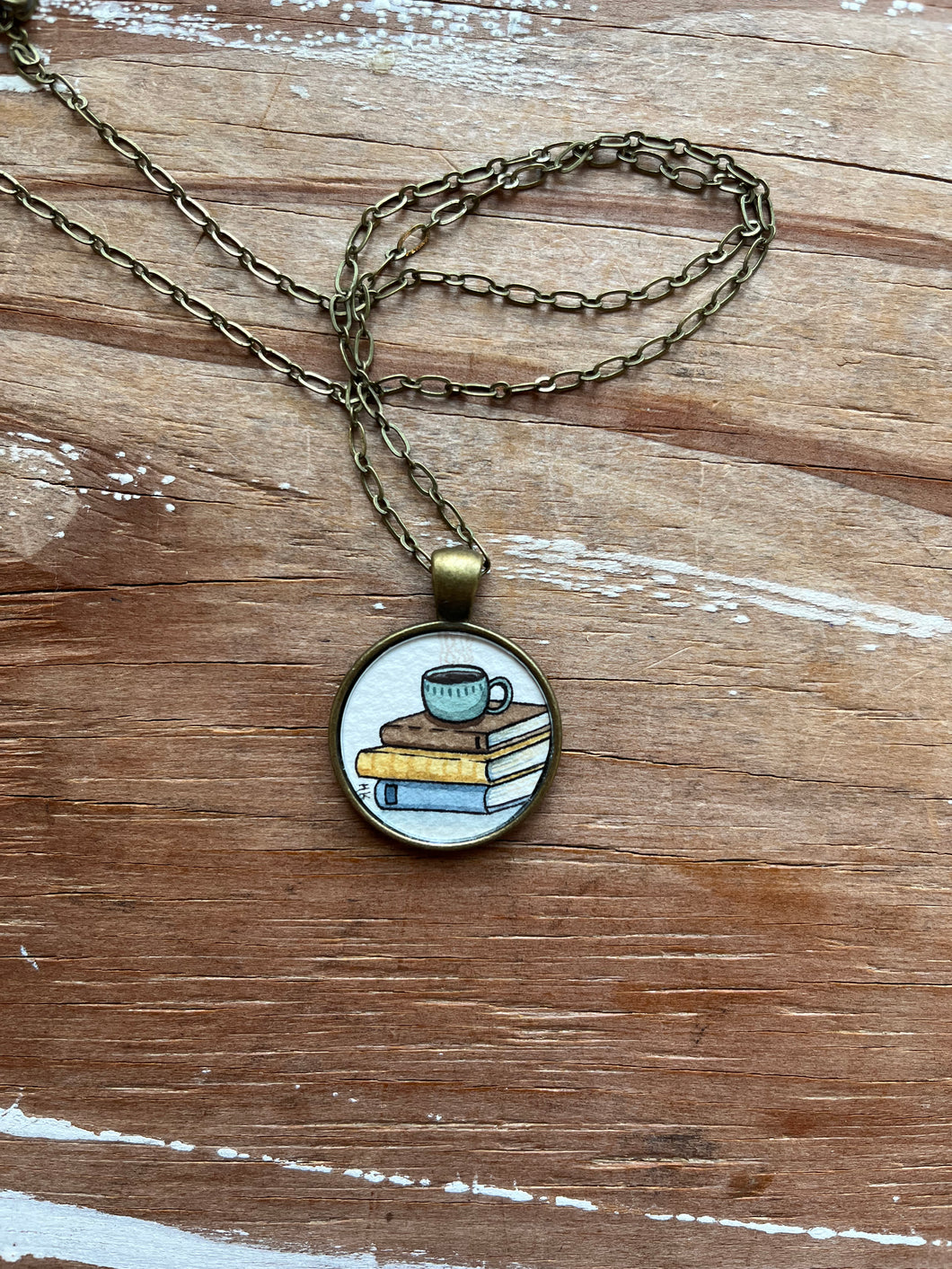 Coffee Mug and Old Books, Watercolor Hand Painted Necklace, Original Art Pendant, Gifts for Teachers or Students or Book Lovers