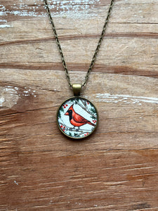 Red Cardinal Necklace, Watercolor Hand Painted Necklace, Original Art Pendant