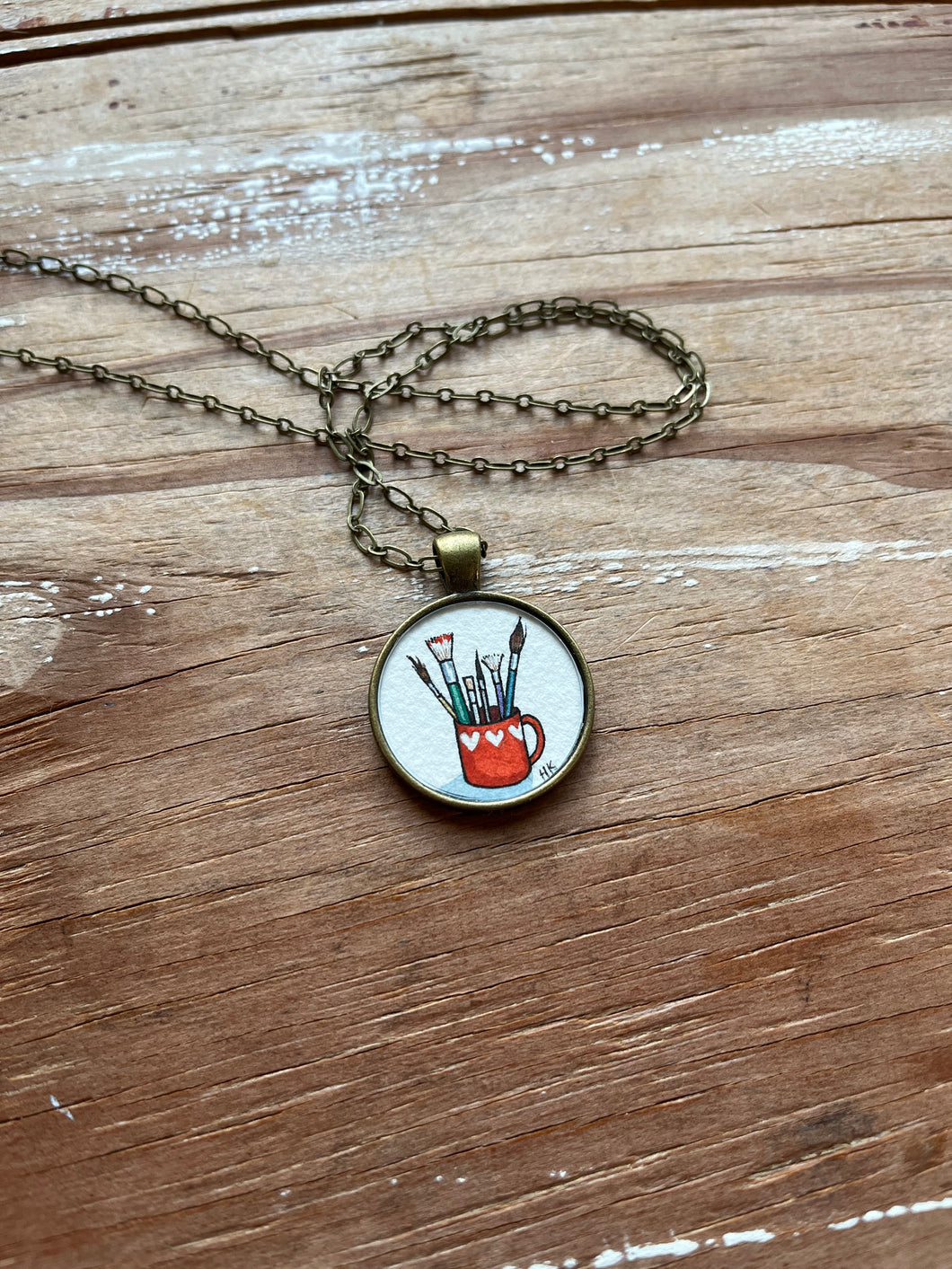 Paint Brushes in Coffee Mug, Watercolor Hand Painted Necklace, Original Art Pendant