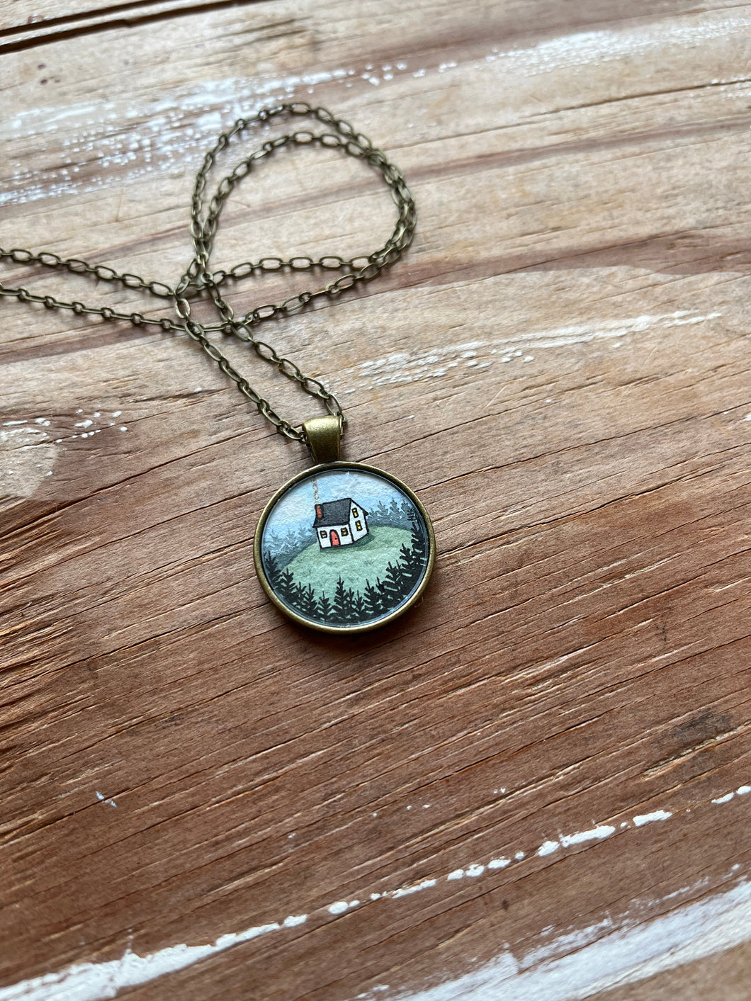 Tiny House on a Hill, Watercolor Landscape Hand Painted Necklace, Original Art Pendant