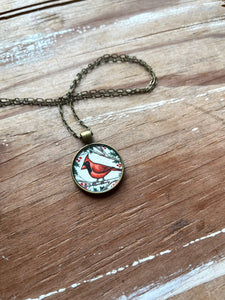 Red Cardinal Necklace, Watercolor Hand Painted Necklace, Original Art Pendant