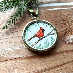 Red Cardinal Hand Painted Ornament, Original Watercolor Painting, Holiday Christmas Tree Ornament