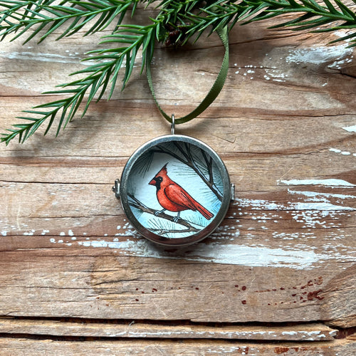 Cardinal Hand Painted Ornament, Original Watercolor Painting, Holiday Christmas Tree Ornament