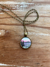 Load image into Gallery viewer, Lavender Field with Pink Sky Landscape Art, Hand Painted Necklace, Original Watercolor Painting