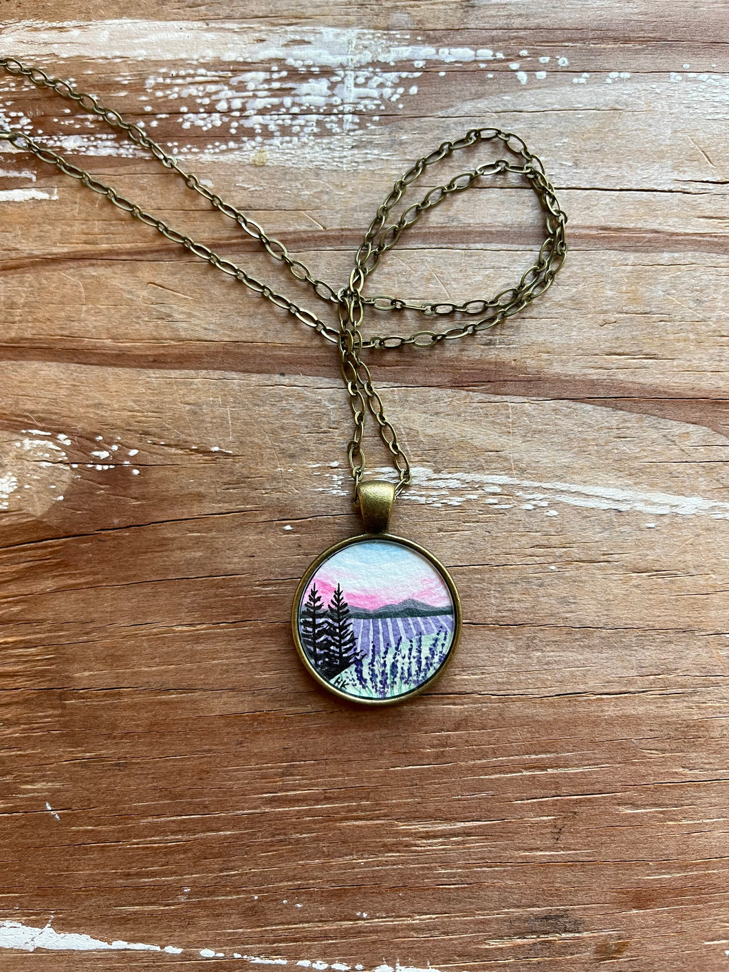 Lavender Field with Pink Sky Landscape Art, Hand Painted Necklace, Original Watercolor Painting