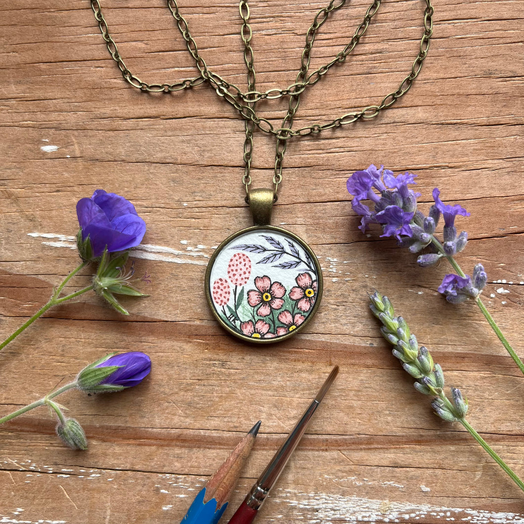 Mauve Wildflowers, Hand Painted Necklace, Inspired by Vintage Floral Fabric, Original Watercolor Painting