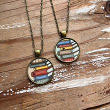 Load image into Gallery viewer, Stack of Old Books, Watercolor Hand Painted Necklace, Original Art Pendant, Gifts for Teachers or Students or Book Lovers