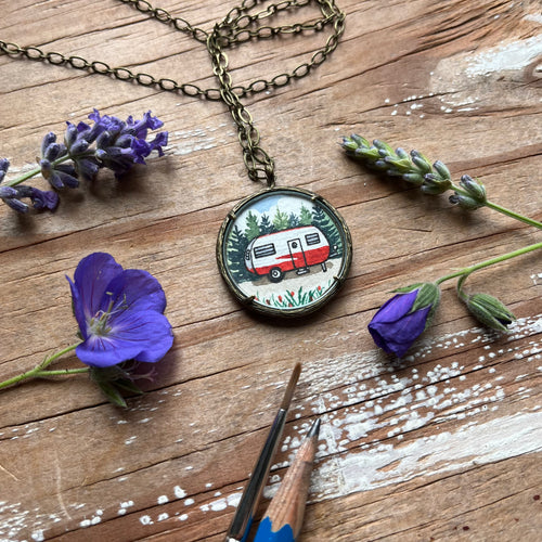 Camper Necklace, Vintage Red Trailer Art Illustration, Original Hand Painted Necklace
