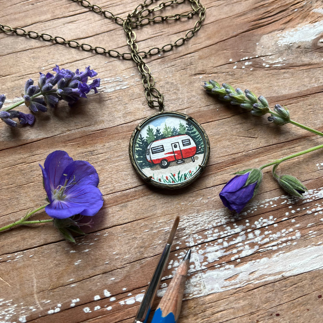 Camper Necklace, Vintage Red Trailer Art Illustration, Original Hand Painted Necklace