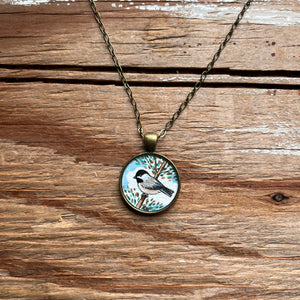 Chickadee Art, Hand Painted Necklace, Chickadee Watercolor Pendant
