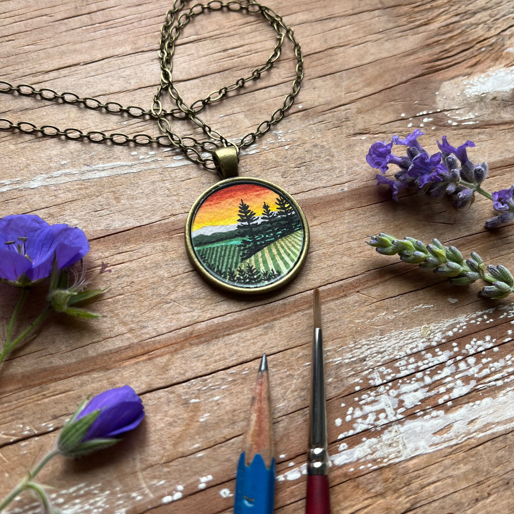 Sunset Wine Country Landscape Art with Trees, Hand Painted Necklace, Original Watercolor Painting