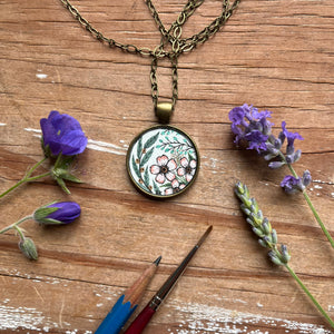 Pink Vintage Florals Wildflowers, Hand Painted Necklace, Inspired by Vintage Floral Fabric, Original Watercolor Painting