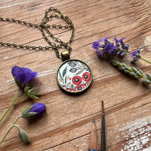 Load image into Gallery viewer, Red Poppies Vintage Florals, Hand Painted Necklace, Inspired by Vintage Floral Fabric, Original Watercolor Painting