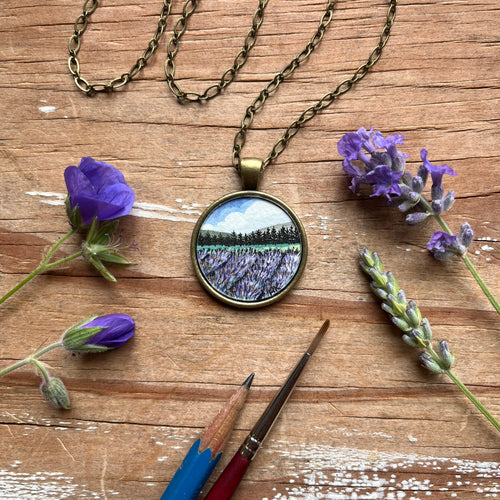 Lavender Field Landscape Art with Trees, Hand Painted Necklace, Original Watercolor Painting