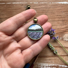Load image into Gallery viewer, Lavender Field Landscape Art with Trees, Hand Painted Necklace, Original Watercolor Painting