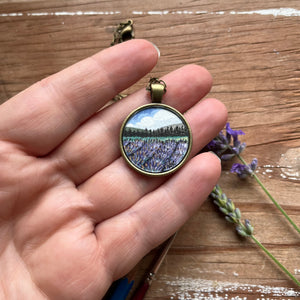 Lavender Field Landscape Art with Trees, Hand Painted Necklace, Original Watercolor Painting