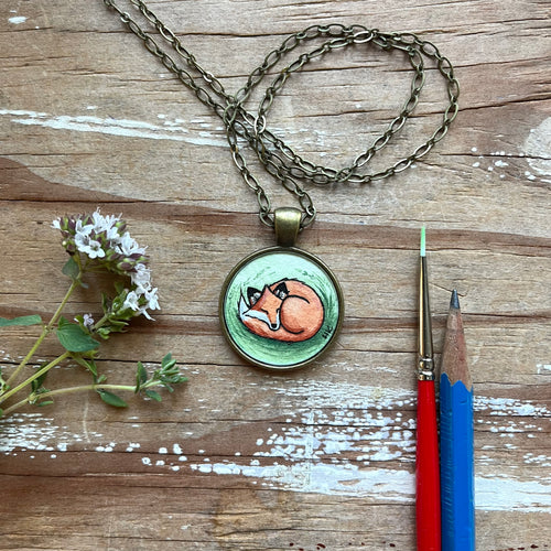 Fox Love Original Hand Painted Necklace, Cute Fox Illustration