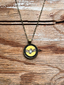 Owl with Moon Necklace, Hand Painted Necklace, Brown Owl, Original Watercolor Painting, Owl Art for Her