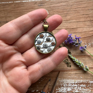 Snail Family, Hand Painted Necklace, Original Watercolor Painting