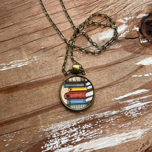 Stack of Old Books, Watercolor Hand Painted Necklace, Original Art Pendant, Gifts for Teachers or Students or Book Lovers