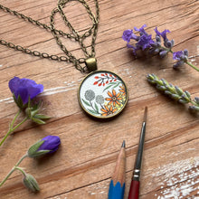 Load image into Gallery viewer, Vintage Florals Orange Wildflowers, Hand Painted Necklace, Inspired by Vintage Floral Fabric, Original Watercolor Painting