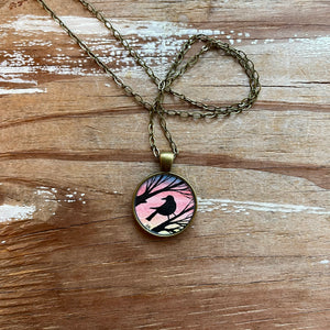 Blackbird Silhouette by Sunset, Watercolor Hand Painted Necklace, Original Art Pendant