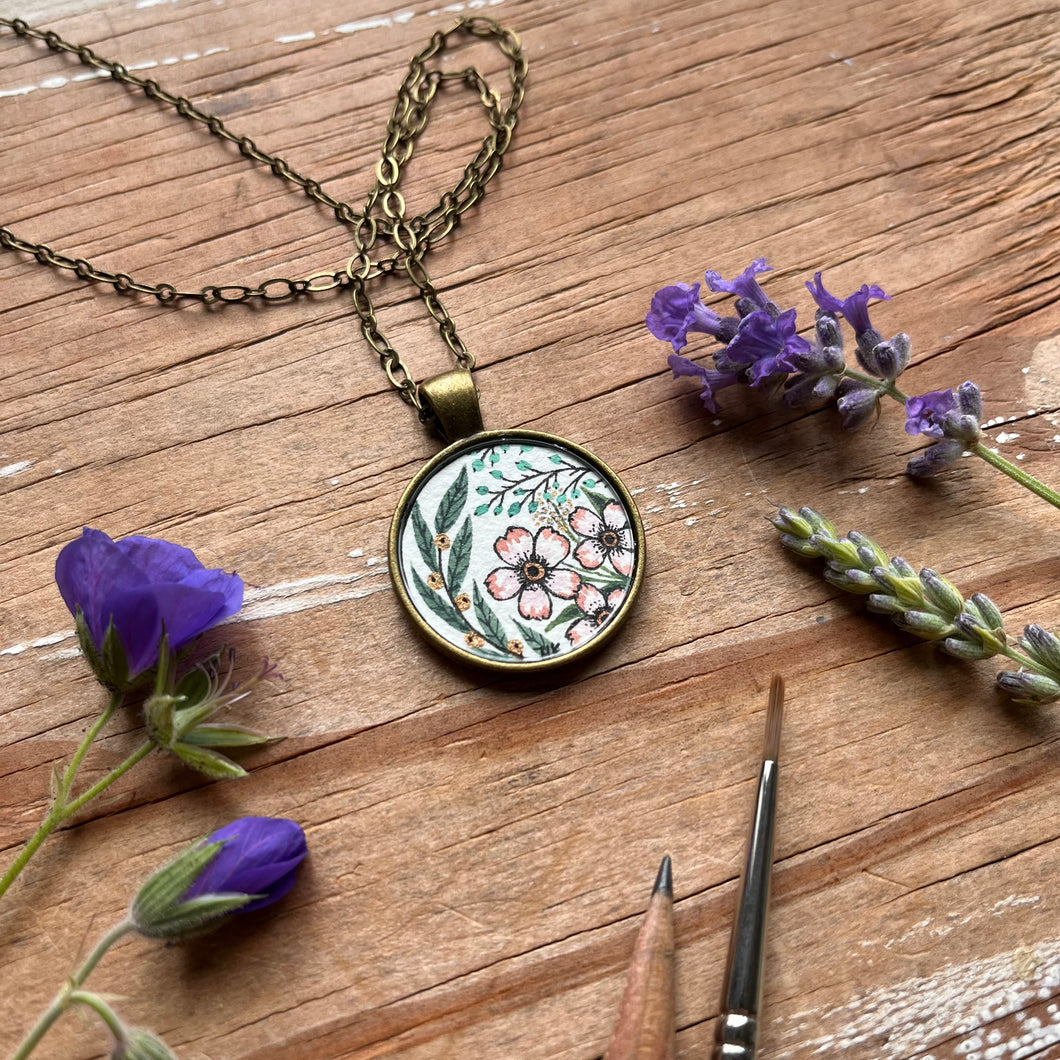 Pink Vintage Florals Wildflowers, Hand Painted Necklace, Inspired by Vintage Floral Fabric, Original Watercolor Painting