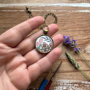 Mauve Wildflowers, Hand Painted Necklace, Inspired by Vintage Floral Fabric, Original Watercolor Painting