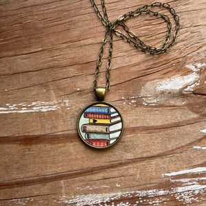 Stack of Old Books, Watercolor Hand Painted Necklace, Original Art Pendant, Gifts for Teachers or Students or Book Lovers