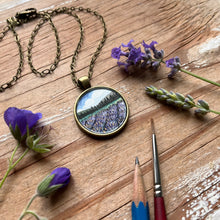 Load image into Gallery viewer, Lavender Field Landscape Art with Trees, Hand Painted Necklace, Original Watercolor Painting