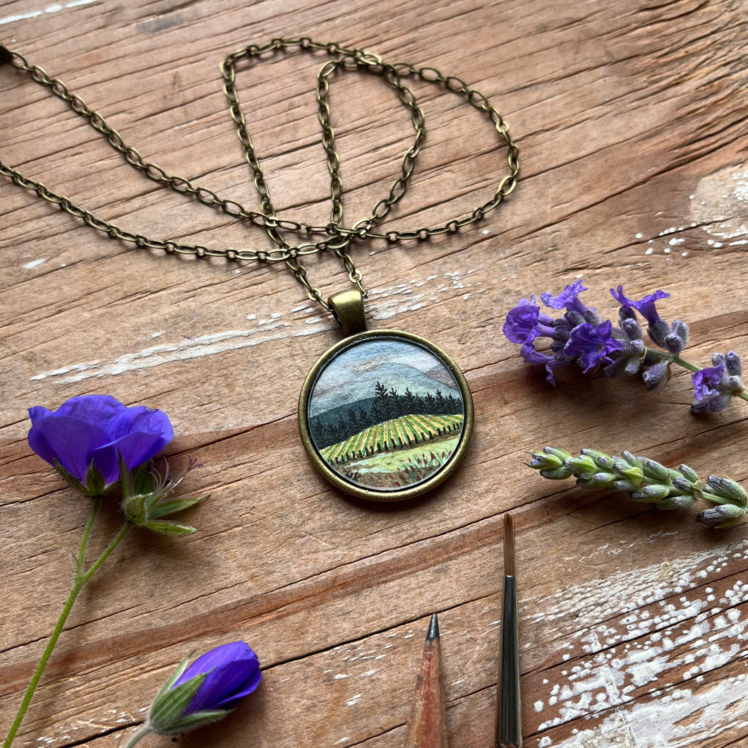 Vineyard View - Wine Country Landscape Art, Hand Painted Necklace, Original Watercolor Painting