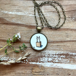 Cats Love Boxes Necklace, Original Watercolor Hand Painted Pendant Necklace - Kitty Cat Friends, Gifts for Cat Lovers