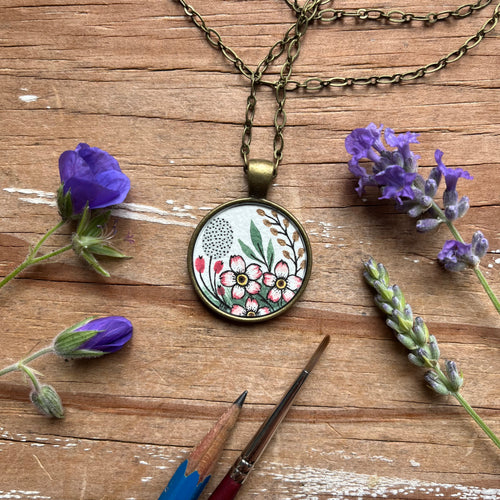 Vintage Florals Pink Wildflowers, Hand Painted Necklace, Inspired by Vintage Floral Fabric, Original Watercolor Painting