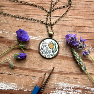 Wildflower Vintage Florals, Hand Painted Necklace, Inspired by Vintage Floral Fabric, Original Watercolor Painting
