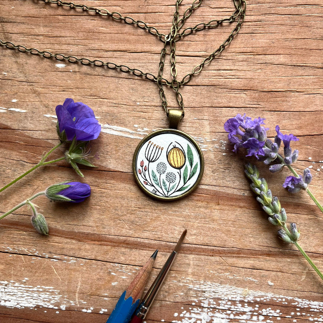 Wildflower Vintage Florals, Hand Painted Necklace, Inspired by Vintage Floral Fabric, Original Watercolor Painting