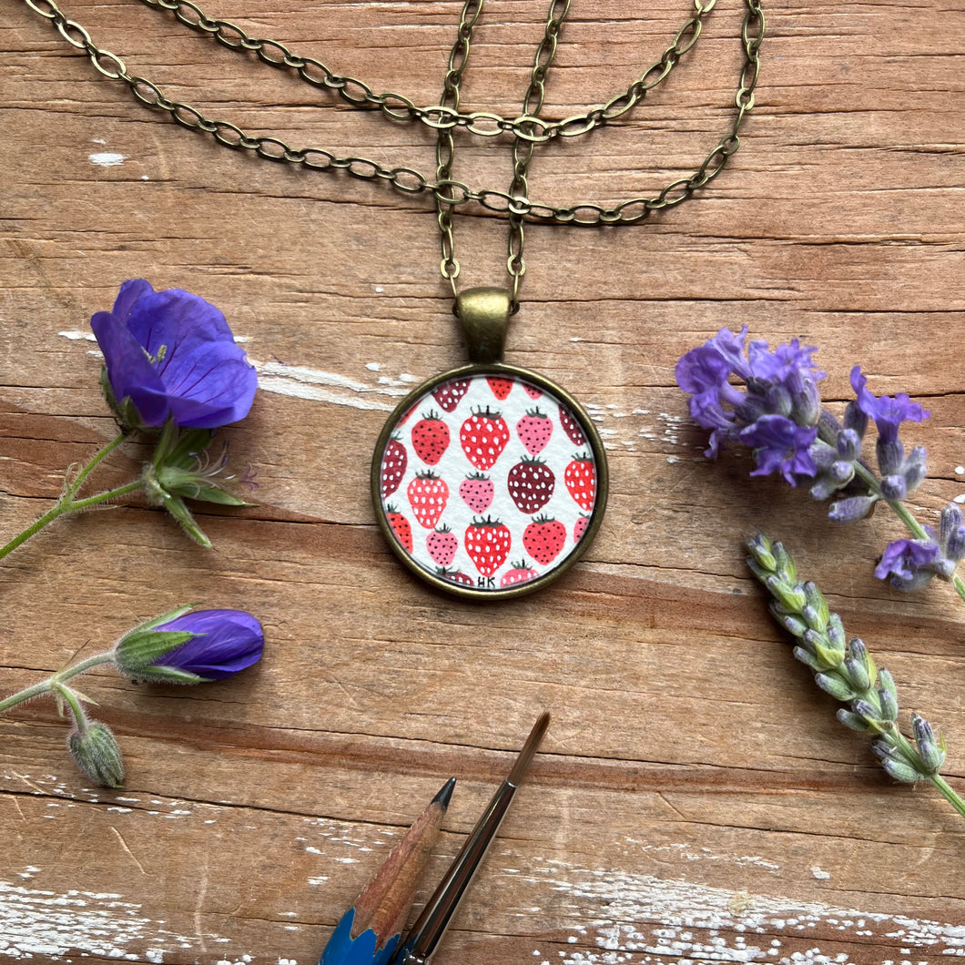 Strawberry Collection, Hand Painted Necklace, Original Watercolor Painting