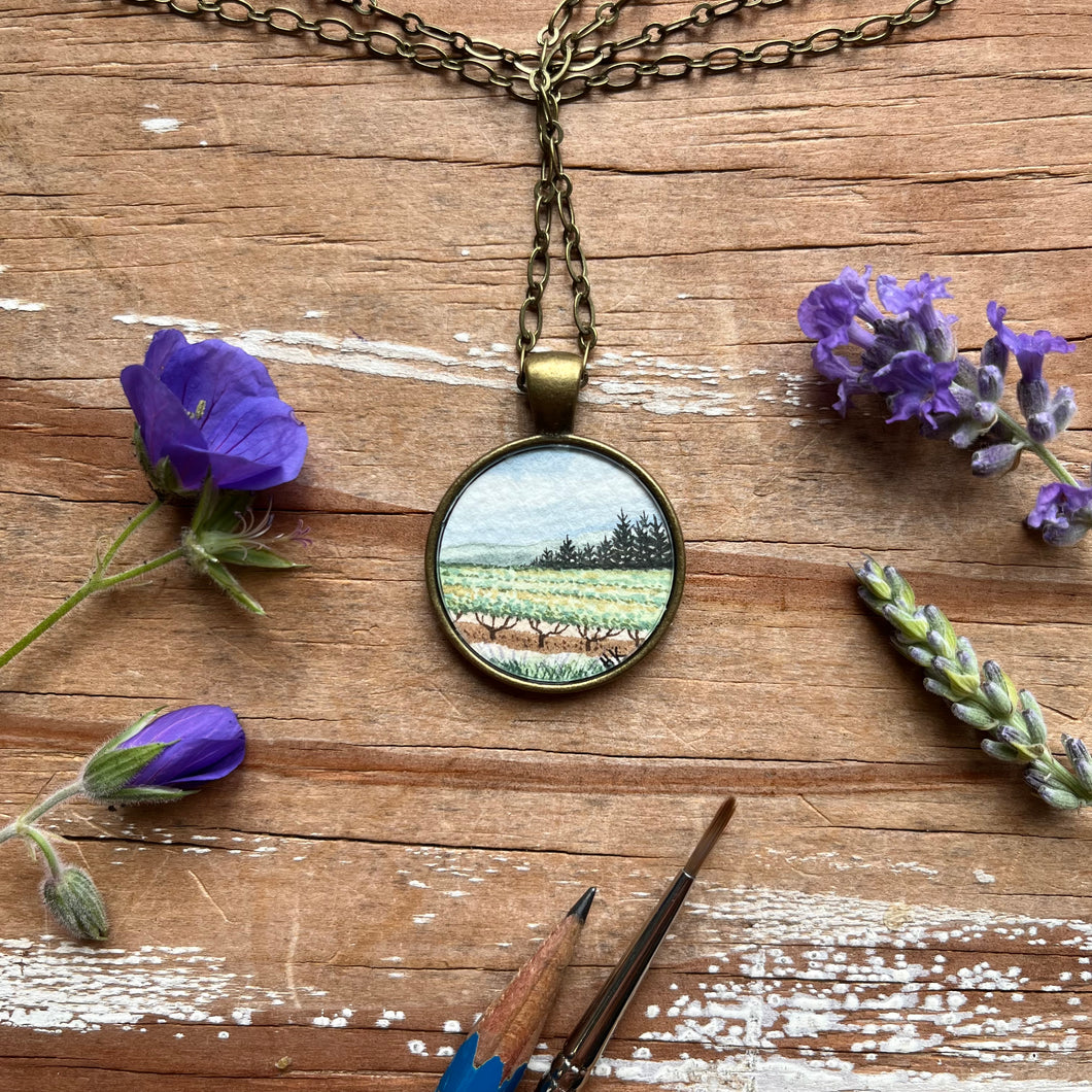 Vineyard Landscape Art, Hand Painted Necklace, Original Watercolor Painting