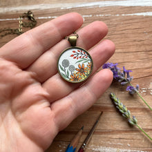 Load image into Gallery viewer, Vintage Florals Orange Wildflowers, Hand Painted Necklace, Inspired by Vintage Floral Fabric, Original Watercolor Painting