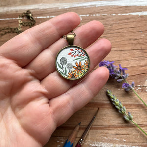 Vintage Florals Orange Wildflowers, Hand Painted Necklace, Inspired by Vintage Floral Fabric, Original Watercolor Painting