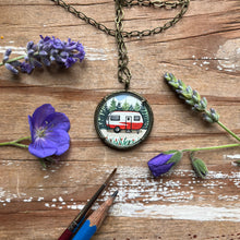 Load image into Gallery viewer, Camper Necklace, Vintage Red Trailer Art Illustration, Original Hand Painted Necklace