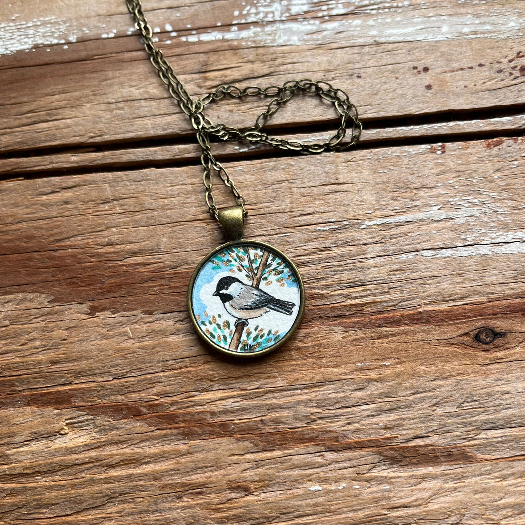 Chickadee Art, Hand Painted Necklace, Chickadee Watercolor Pendant