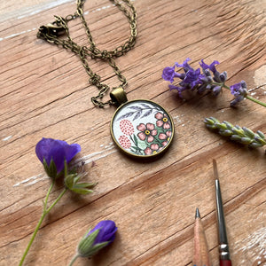 Mauve Wildflowers, Hand Painted Necklace, Inspired by Vintage Floral Fabric, Original Watercolor Painting