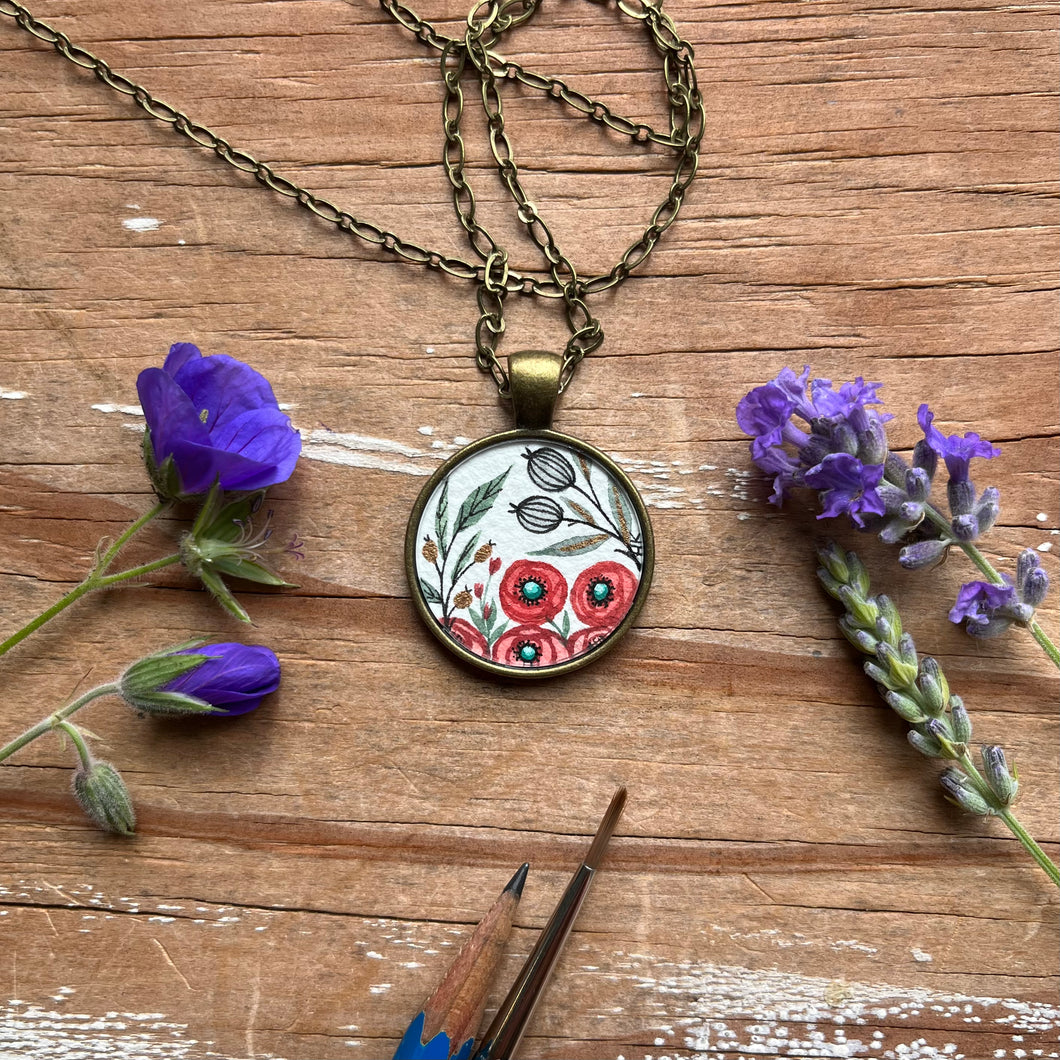 Red Poppies Vintage Florals, Hand Painted Necklace, Inspired by Vintage Floral Fabric, Original Watercolor Painting