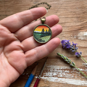 Sunset Wine Country Landscape Art with Trees, Hand Painted Necklace, Original Watercolor Painting