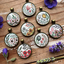 Load image into Gallery viewer, Vintage Florals Orange Wildflowers, Hand Painted Necklace, Inspired by Vintage Floral Fabric, Original Watercolor Painting