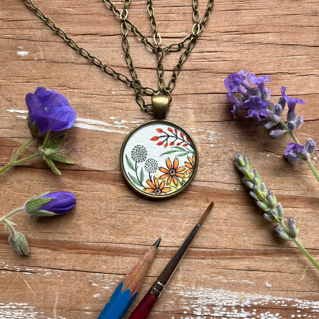 Vintage Florals Orange Wildflowers, Hand Painted Necklace, Inspired by Vintage Floral Fabric, Original Watercolor Painting