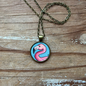 Flamingo Art Pendant, Hand Painted Necklace, Pink Flamingo Gift