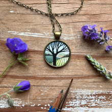 Load image into Gallery viewer, Vineyard Landscape Art with Tree, Hand Painted Necklace, Original Watercolor Painting