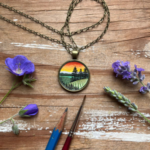 Sunset Wine Country Landscape Art with Trees, Hand Painted Necklace, Original Watercolor Painting