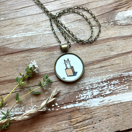 Cats Love Boxes Necklace, Original Watercolor Hand Painted Pendant Necklace - Kitty Cat Friends, Gifts for Cat Lovers